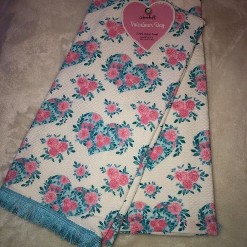 Blue Hearts Pink Flowers Valentine's Easter Day Kitchen Towel Set (2) New